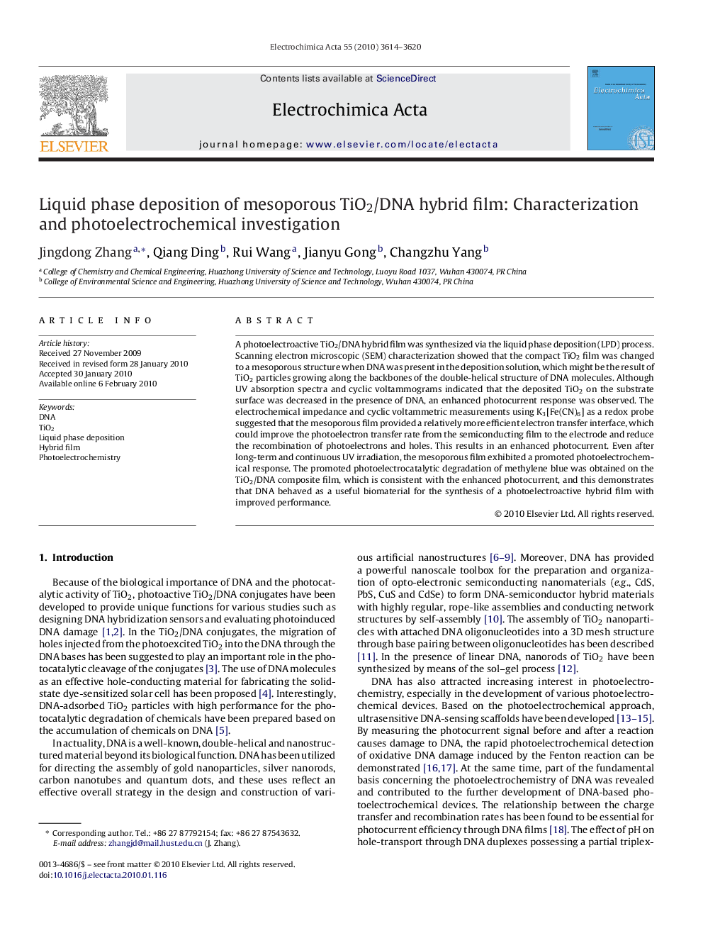عکس صفحه اول مقاله: Liquid phase deposition of mesoporous TiO2/DNA hybrid film: Characterization and photoelectrochemical investigation Liquid phase deposition of mesoporous TiO2/DNA hybrid film: Characterization and photoelectrochemical investigation