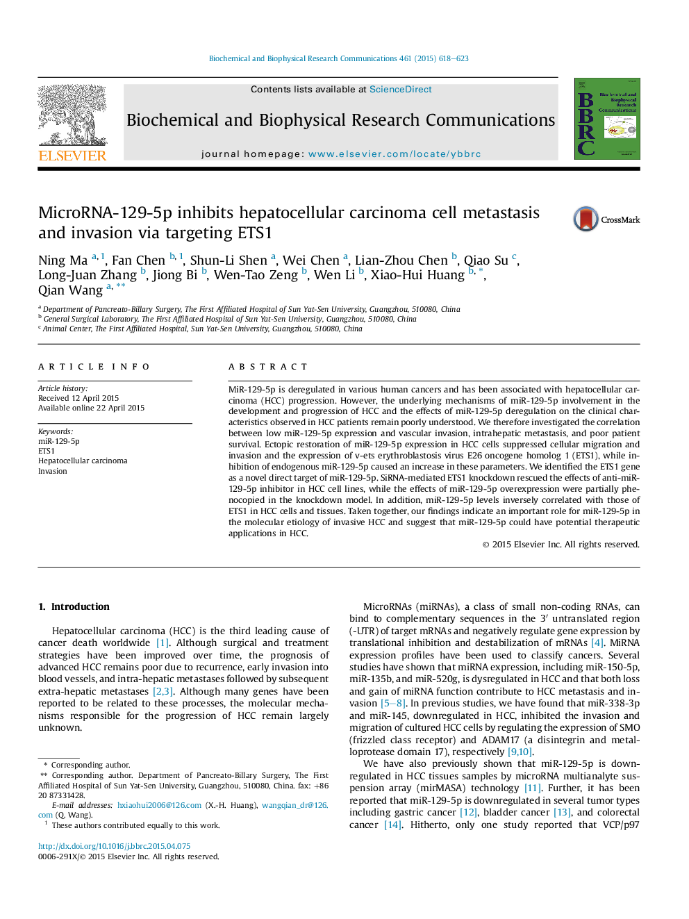 MicroRNA-129-5p inhibits hepatocellular carcinoma cell metastasis and invasion via targeting ETS1