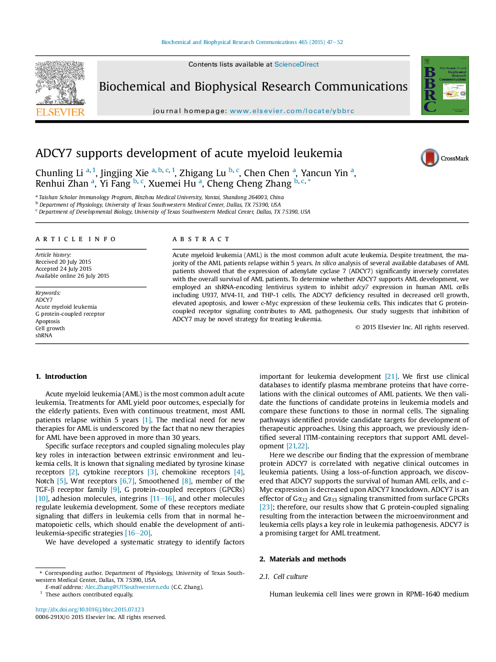 ADCY7 supports development of acute myeloid leukemia