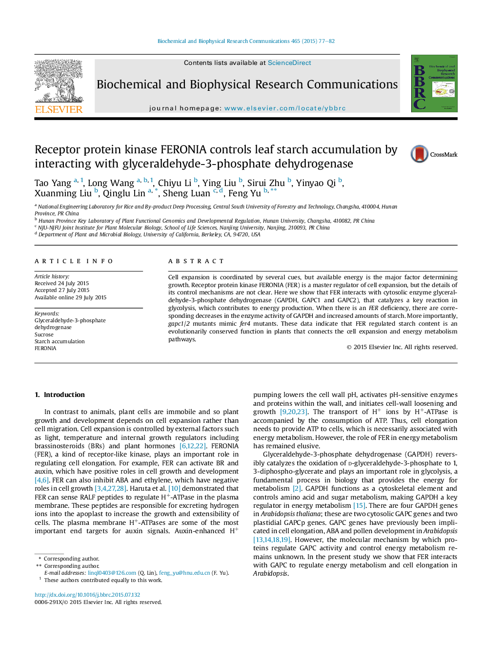 Receptor protein kinase FERONIA controls leaf starch accumulation by interacting with glyceraldehyde-3-phosphate dehydrogenase