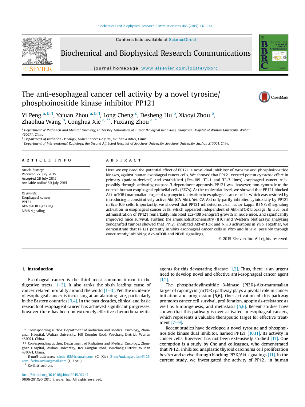 The anti-esophageal cancer cell activity by a novel tyrosine/phosphoinositide kinase inhibitor PP121