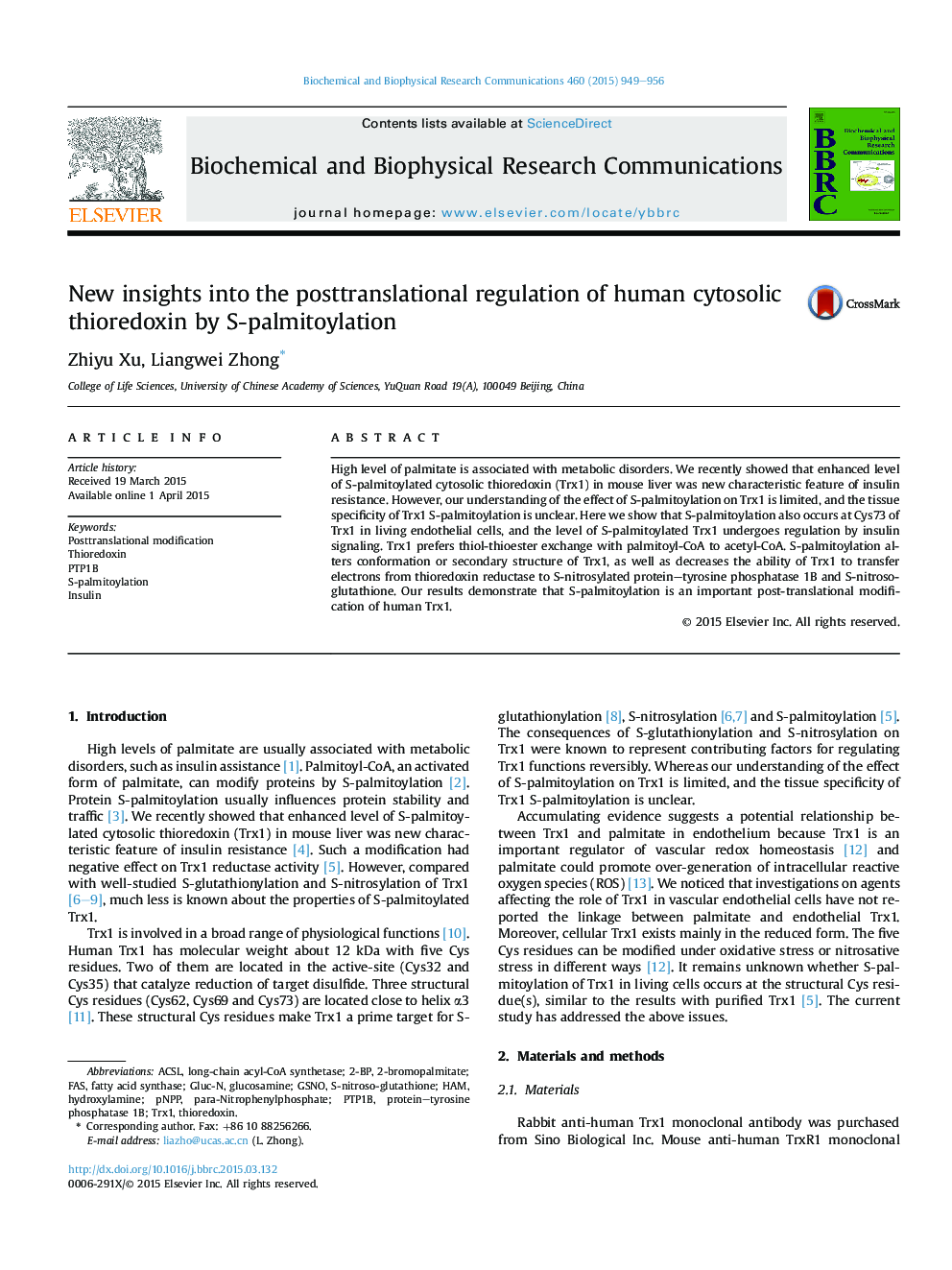 New insights into the posttranslational regulation of human cytosolic thioredoxin by S-palmitoylation