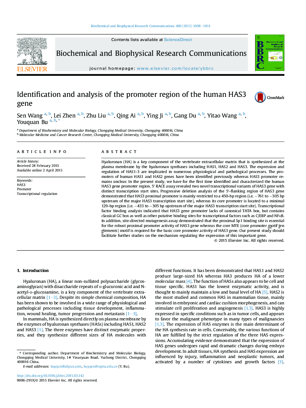 Identification and analysis of the promoter region of the human HAS3 gene