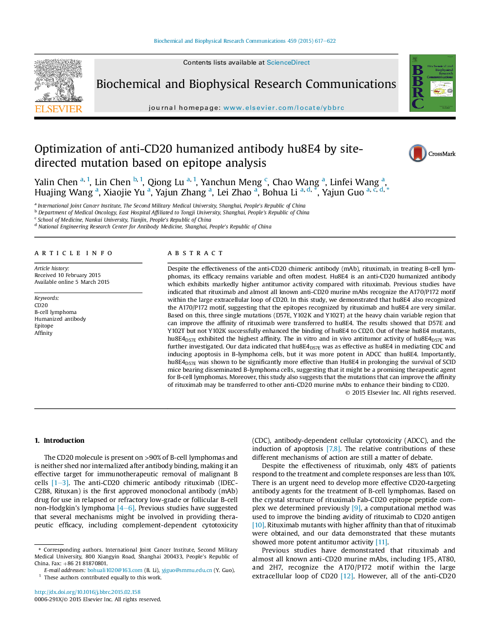 Optimization of anti-CD20 humanized antibody hu8E4 by site-directed mutation based on epitope analysis