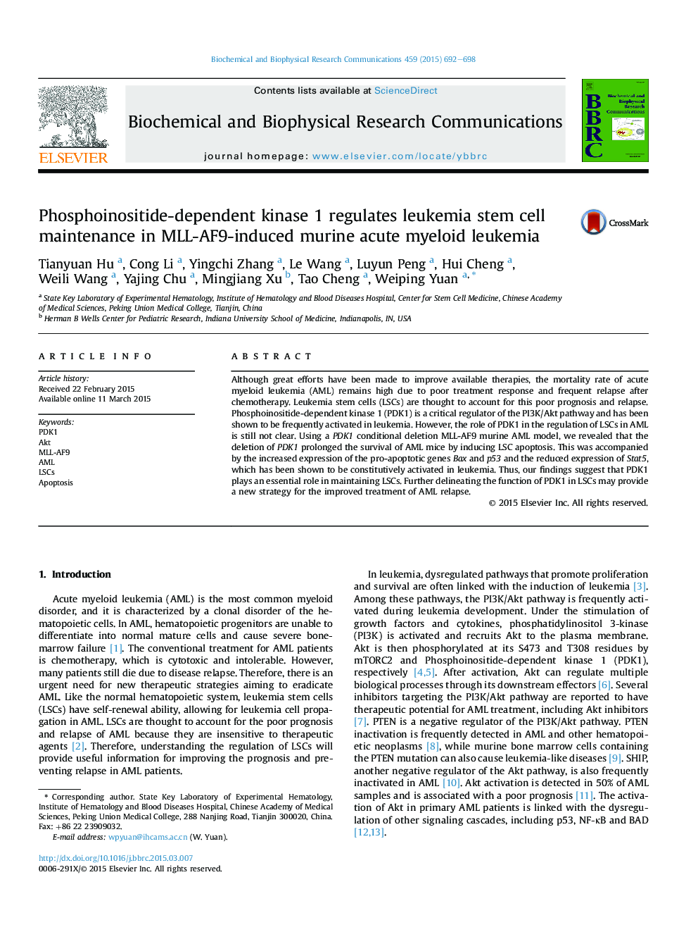 Phosphoinositide-dependent kinase 1 regulates leukemia stem cell maintenance in MLL-AF9-induced murine acute myeloid leukemia