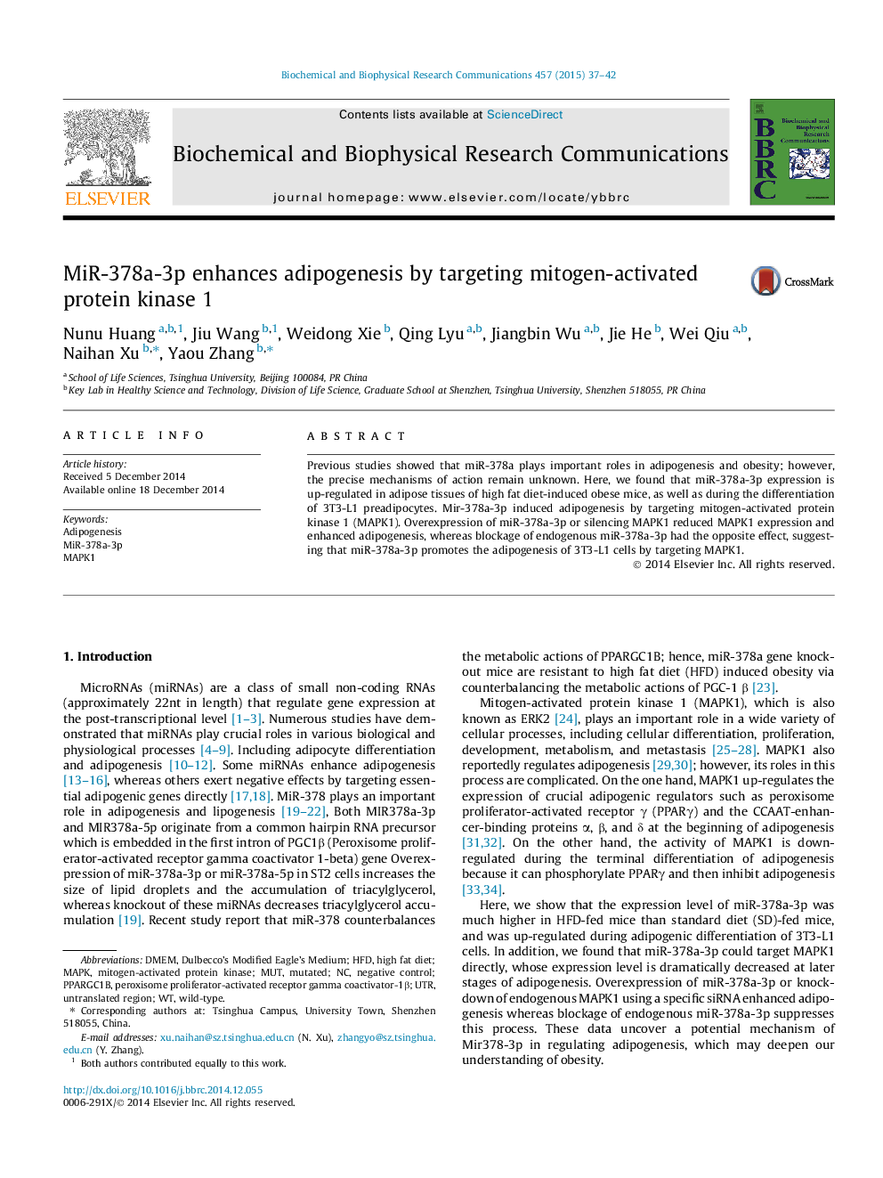 MiR-378a-3p enhances adipogenesis by targeting mitogen-activated protein kinase 1