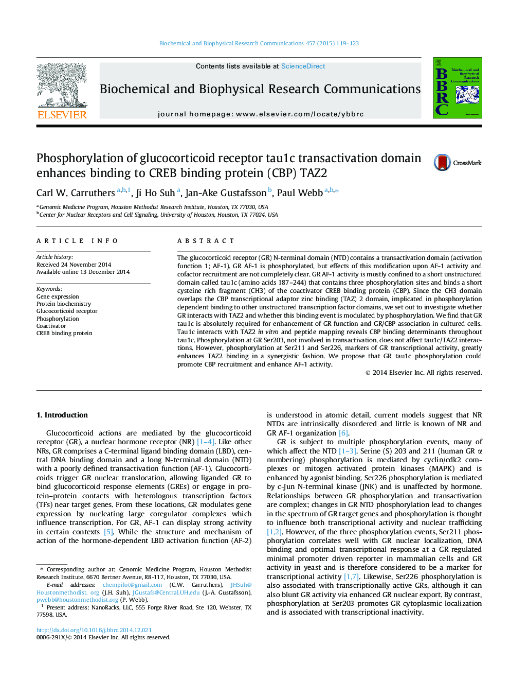 Phosphorylation of glucocorticoid receptor tau1c transactivation domain enhances binding to CREB binding protein (CBP) TAZ2