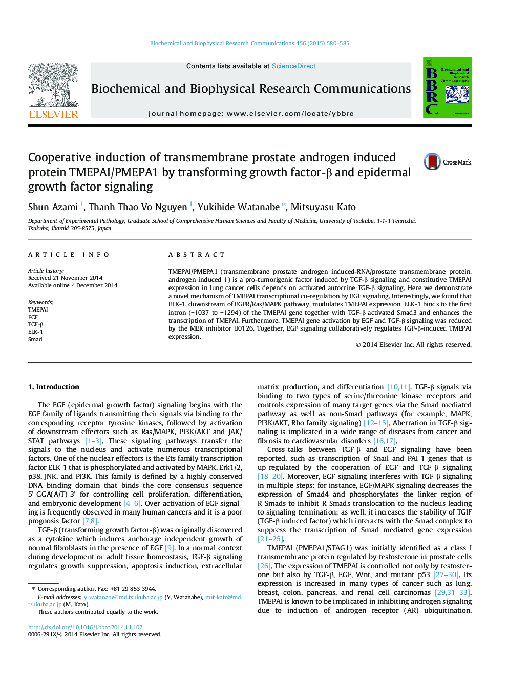Cooperative induction of transmembrane prostate androgen induced protein TMEPAI/PMEPA1 by transforming growth factor-β and epidermal growth factor signaling