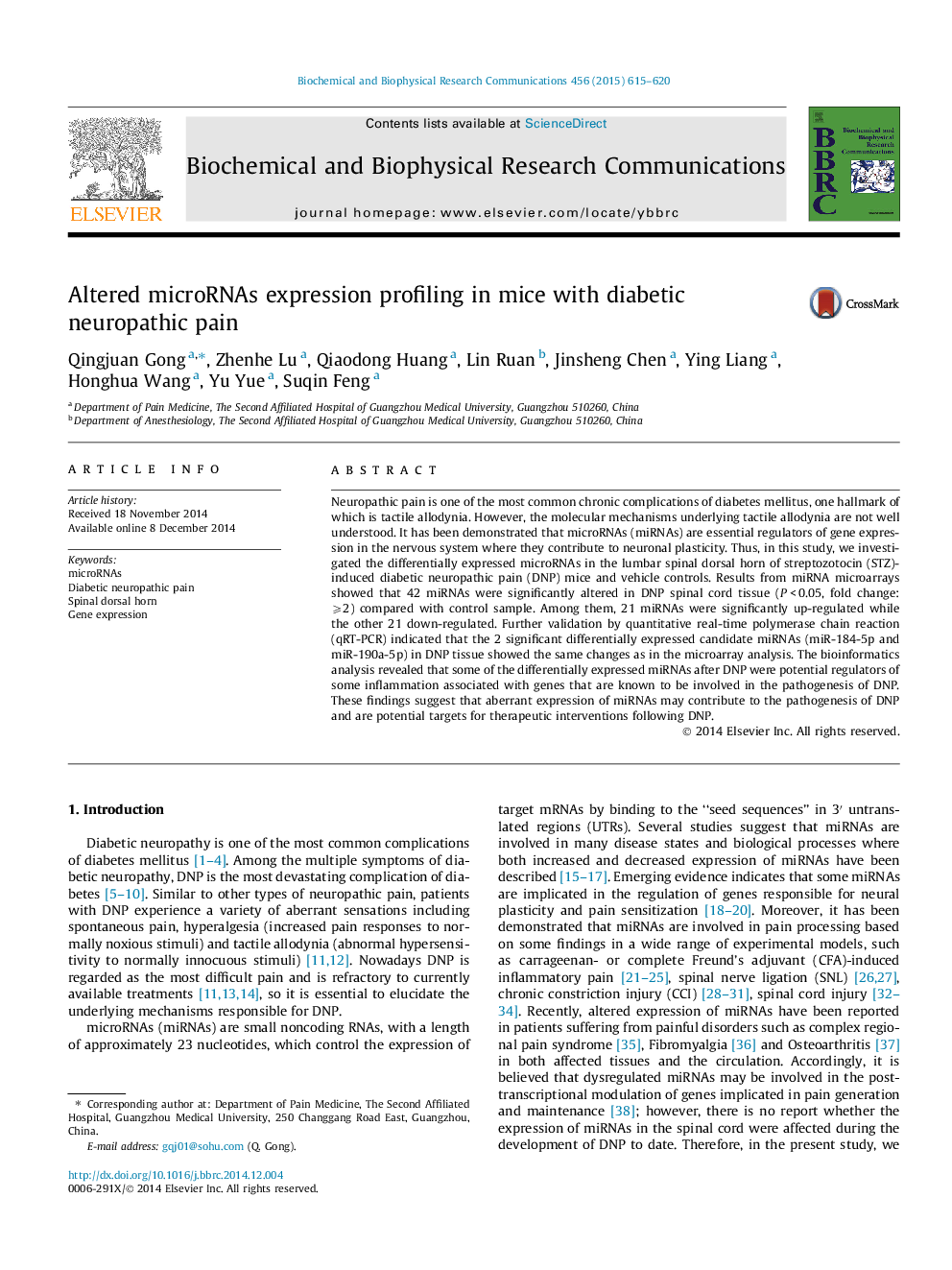 Altered microRNAs expression profiling in mice with diabetic neuropathic pain