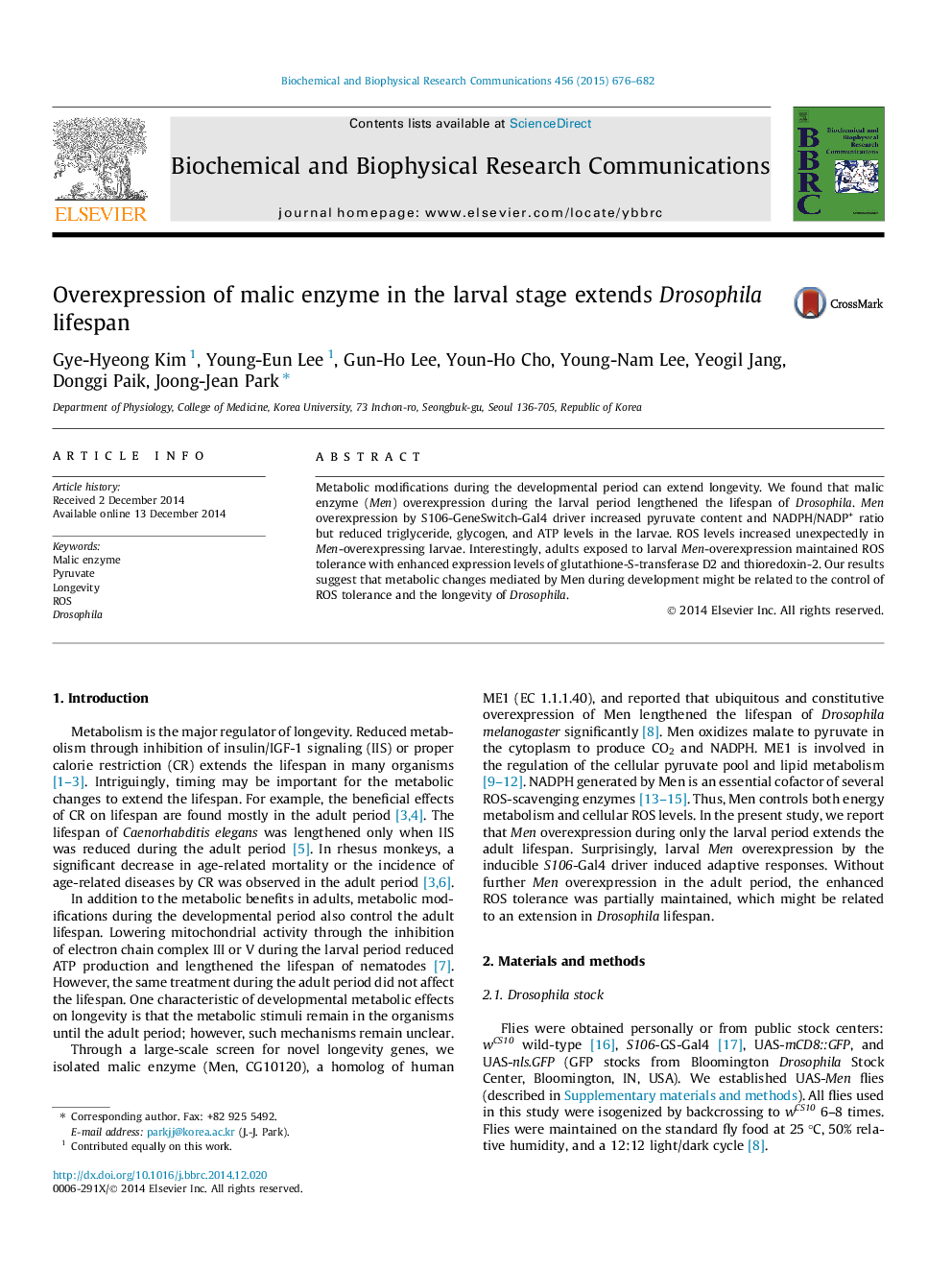 Overexpression of malic enzyme in the larval stage extends Drosophila lifespan