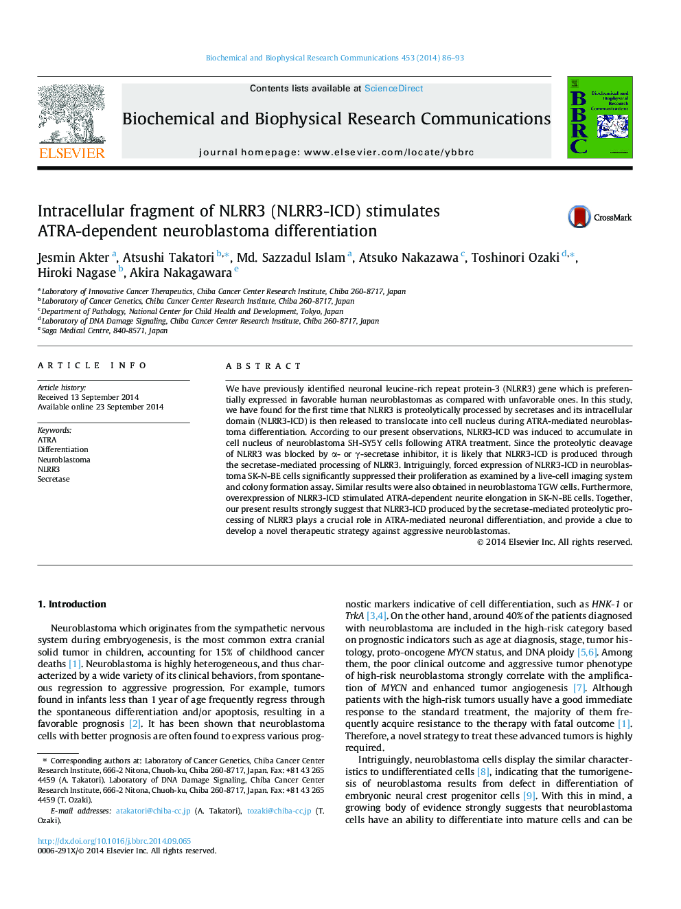 Intracellular fragment of NLRR3 (NLRR3-ICD) stimulates ATRA-dependent neuroblastoma differentiation