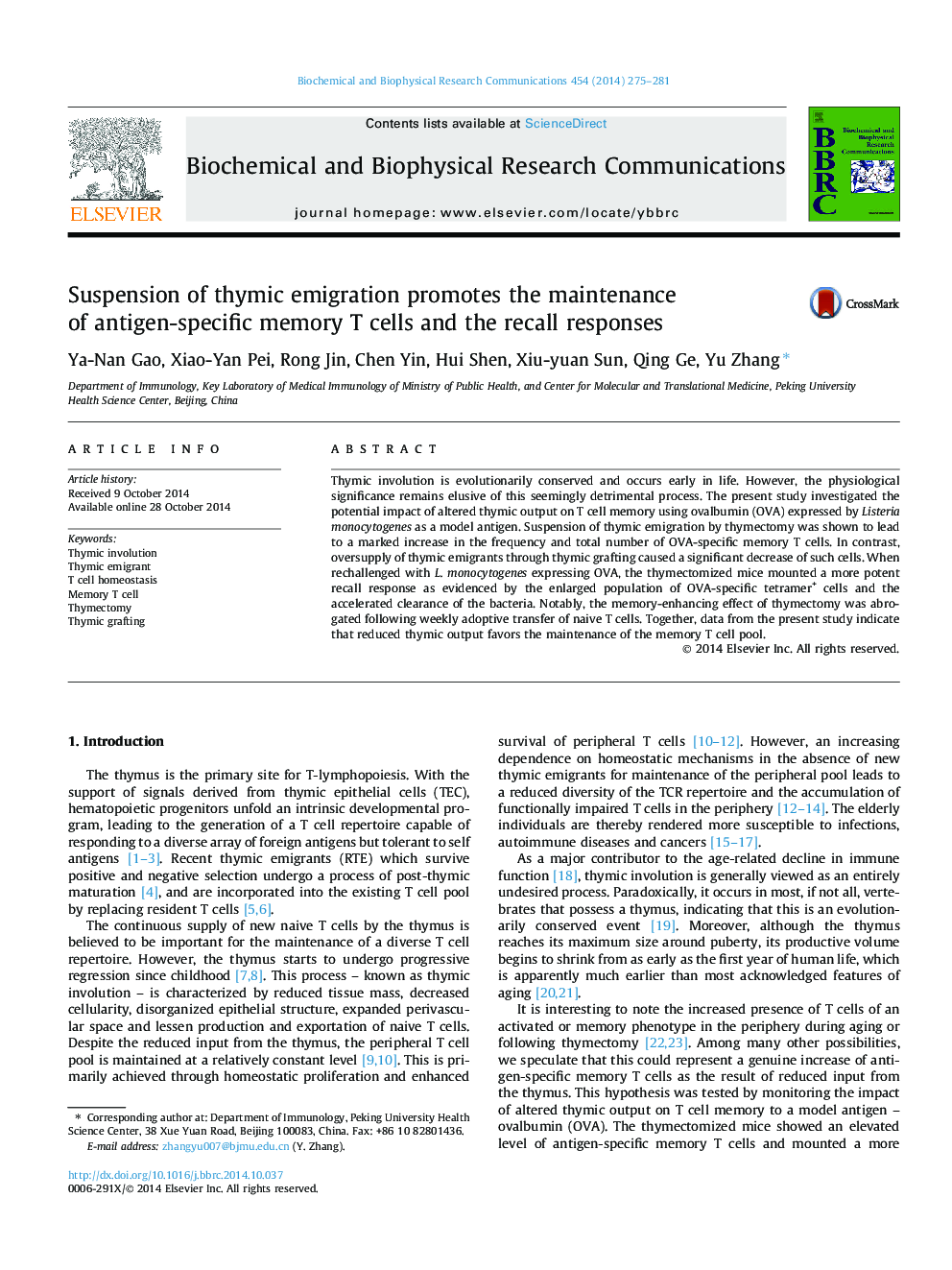 Suspension of thymic emigration promotes the maintenance of antigen-specific memory T cells and the recall responses