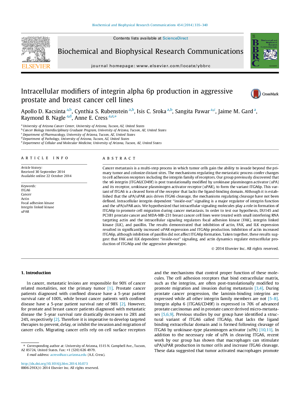 Intracellular modifiers of integrin alpha 6p production in aggressive prostate and breast cancer cell lines