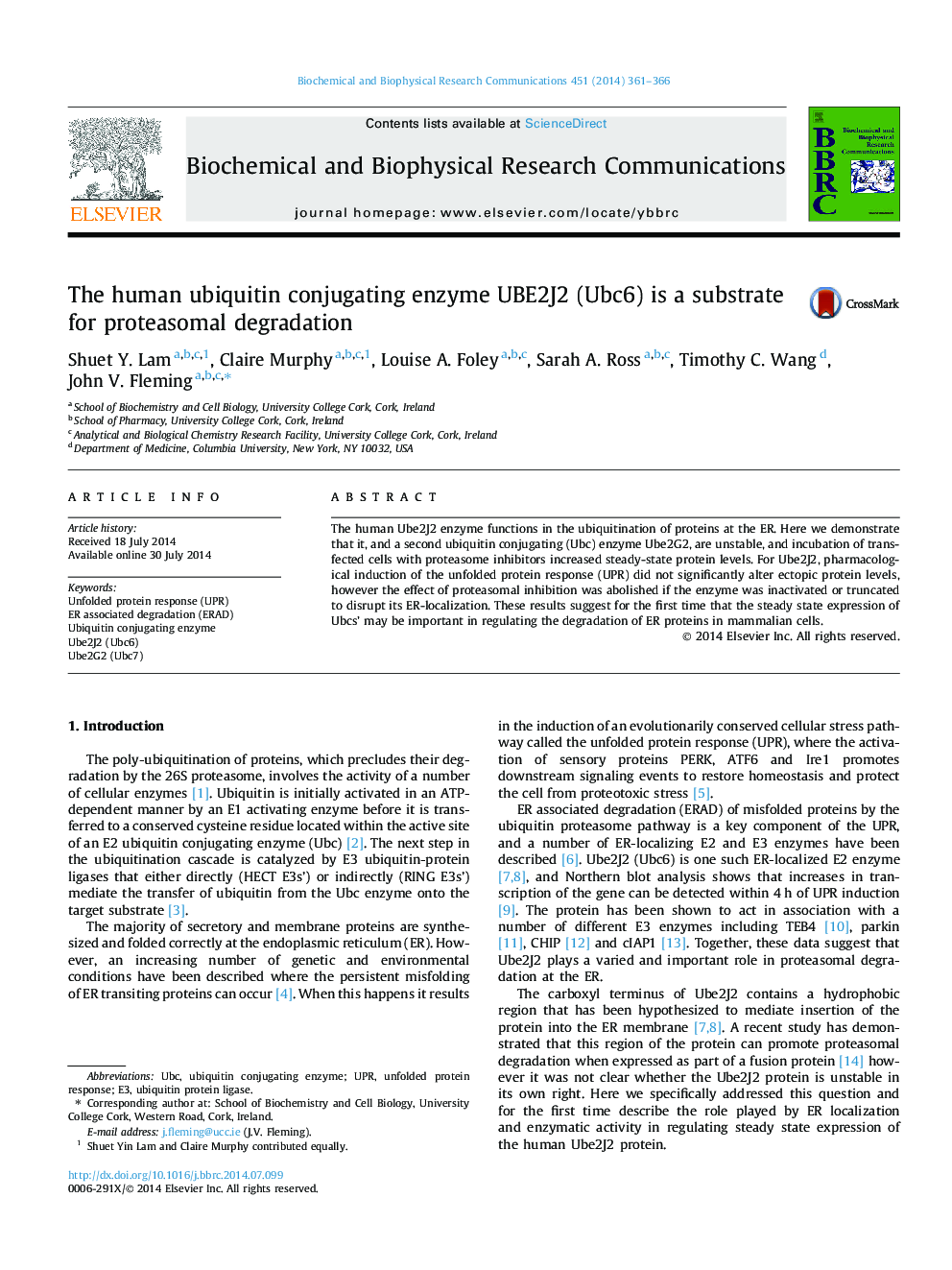 The human ubiquitin conjugating enzyme UBE2J2 (Ubc6) is a substrate for proteasomal degradation