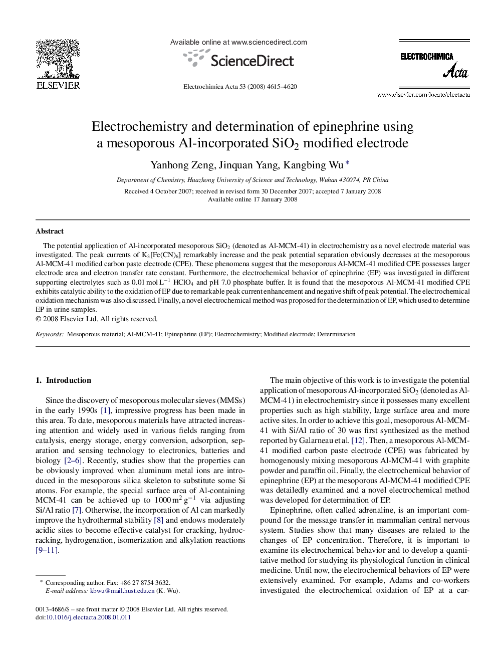 Electrochemistry and determination of epinephrine using a mesoporous Al-incorporated SiO2 modified electrode