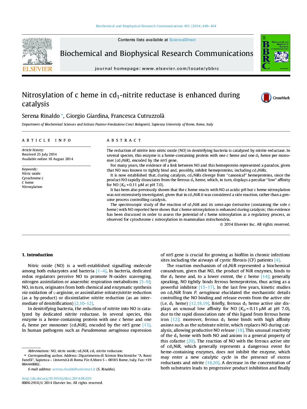 Nitrosylation of c heme in cd1-nitrite reductase is enhanced during catalysis