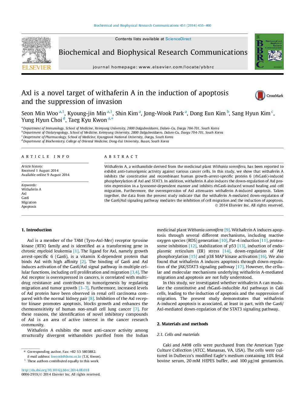 Axl is a novel target of withaferin A in the induction of apoptosis and the suppression of invasion