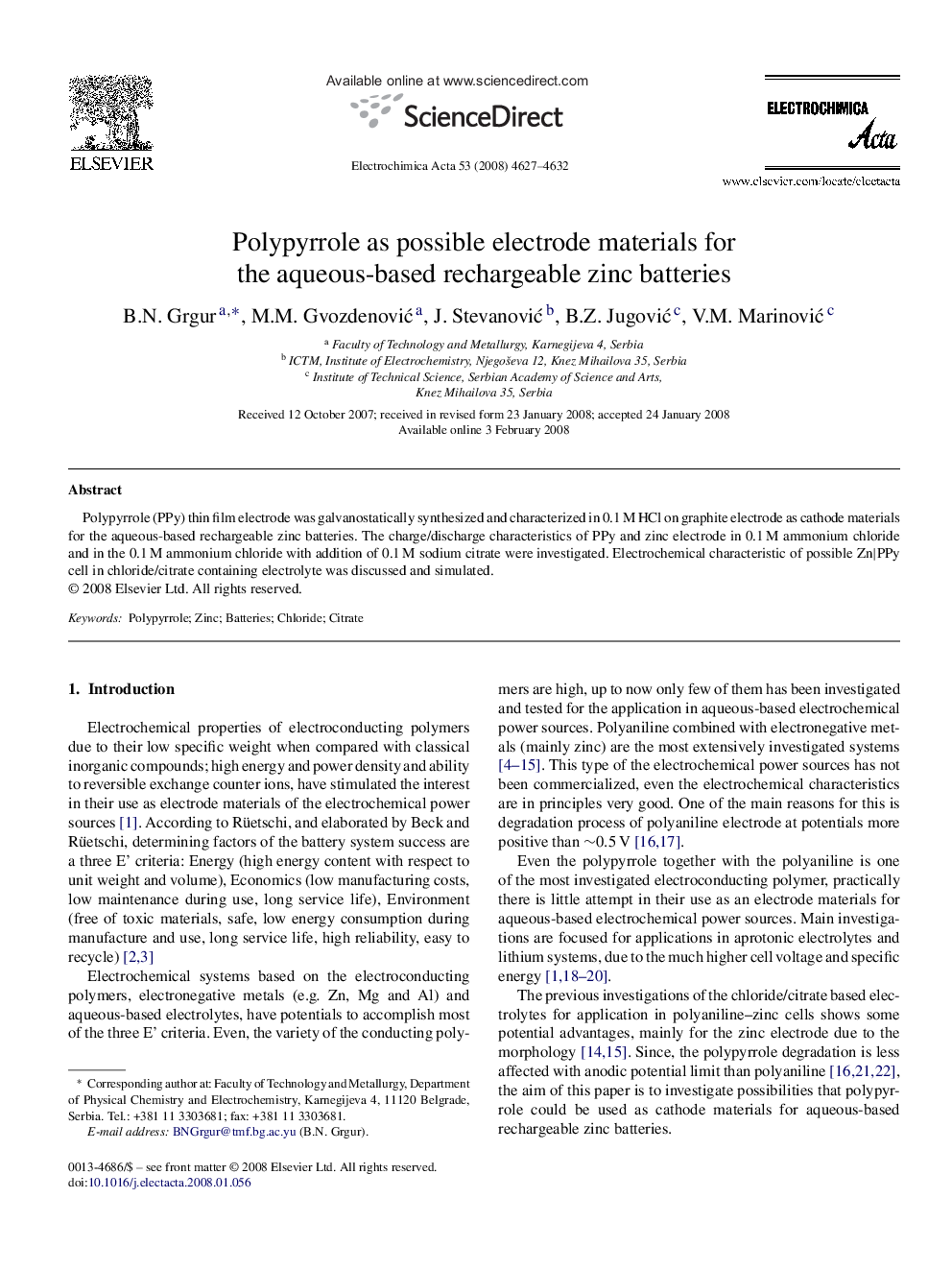 Polypyrrole as possible electrode materials for the aqueous-based rechargeable zinc batteries