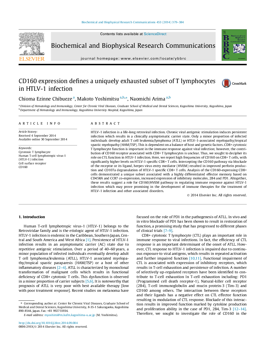 CD160 expression defines a uniquely exhausted subset of T lymphocytes in HTLV-1 infection