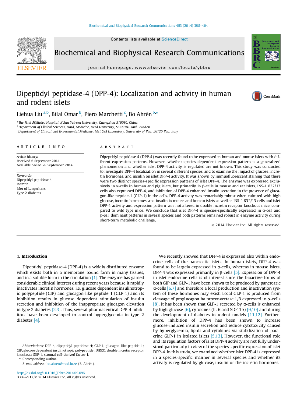 Dipeptidyl peptidase-4 (DPP-4): Localization and activity in human and rodent islets