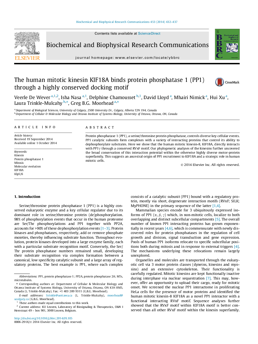 The human mitotic kinesin KIF18A binds protein phosphatase 1 (PP1) through a highly conserved docking motif