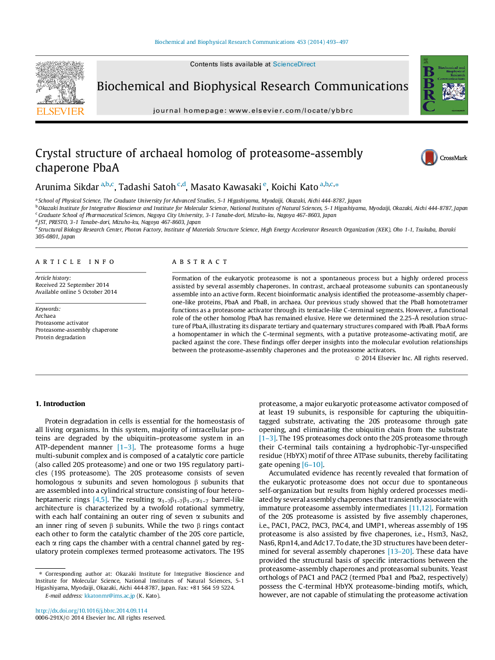 Crystal structure of archaeal homolog of proteasome-assembly chaperone PbaA