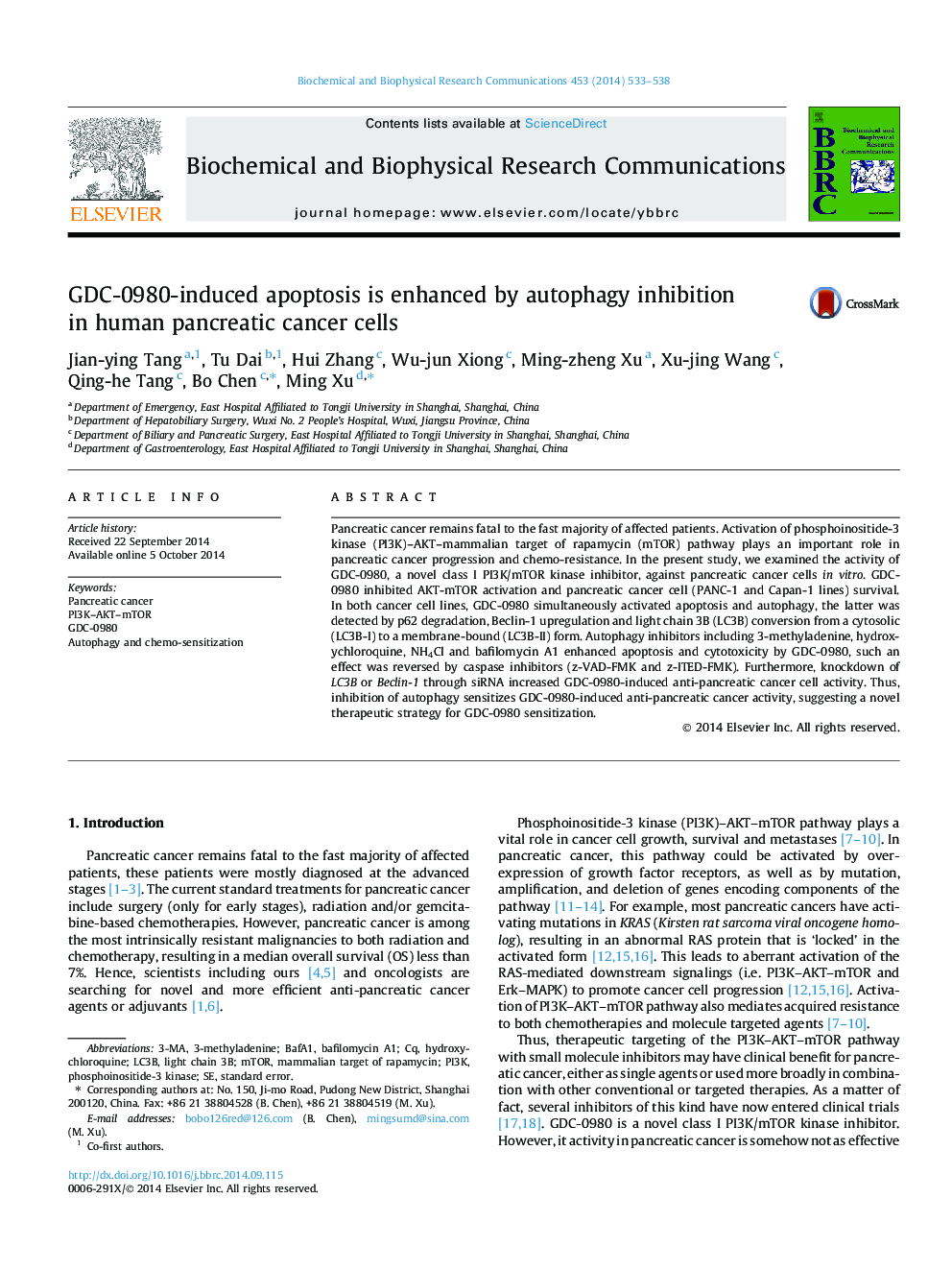 GDC-0980-induced apoptosis is enhanced by autophagy inhibition in human pancreatic cancer cells