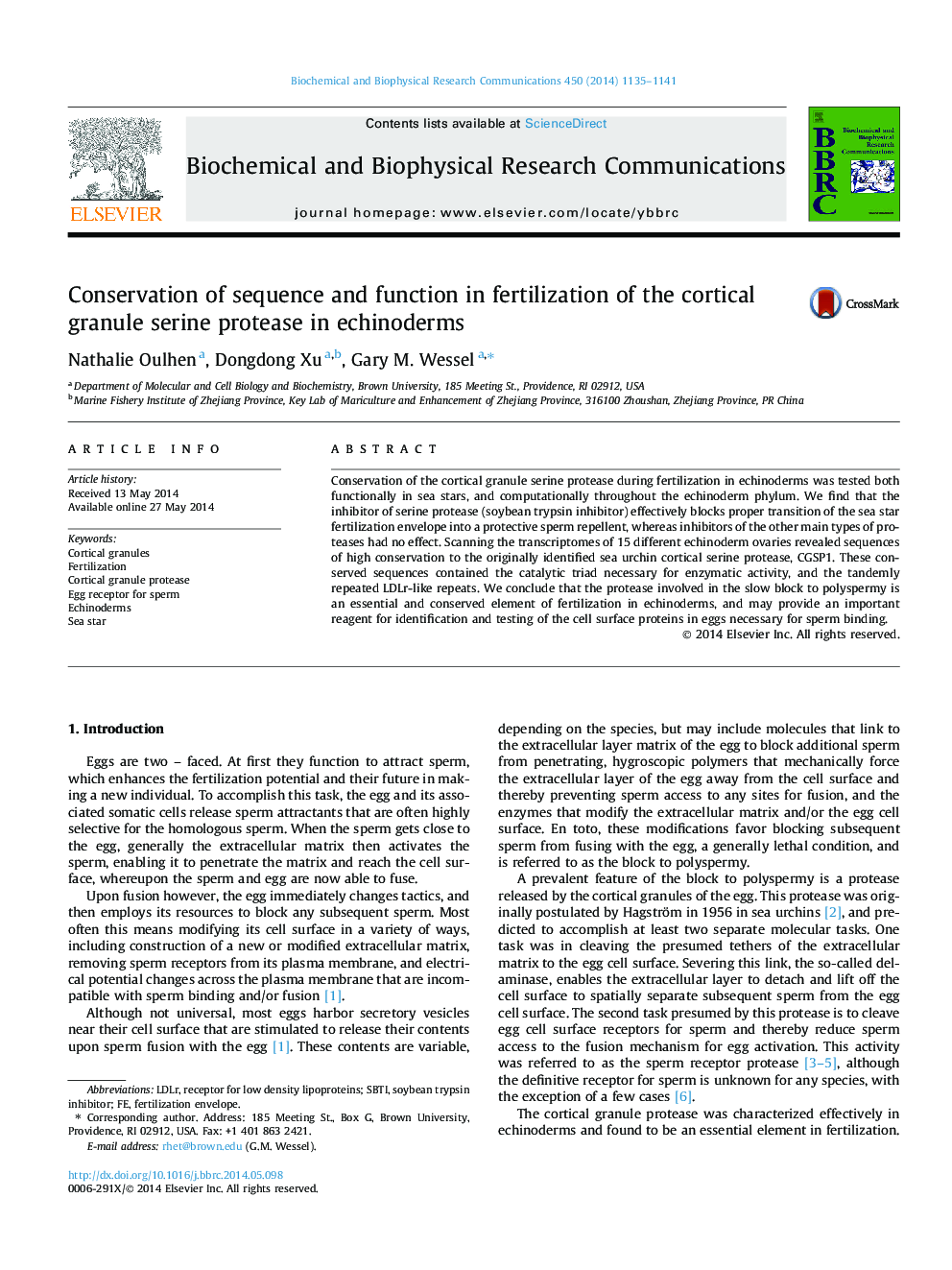 Conservation of sequence and function in fertilization of the cortical granule serine protease in echinoderms