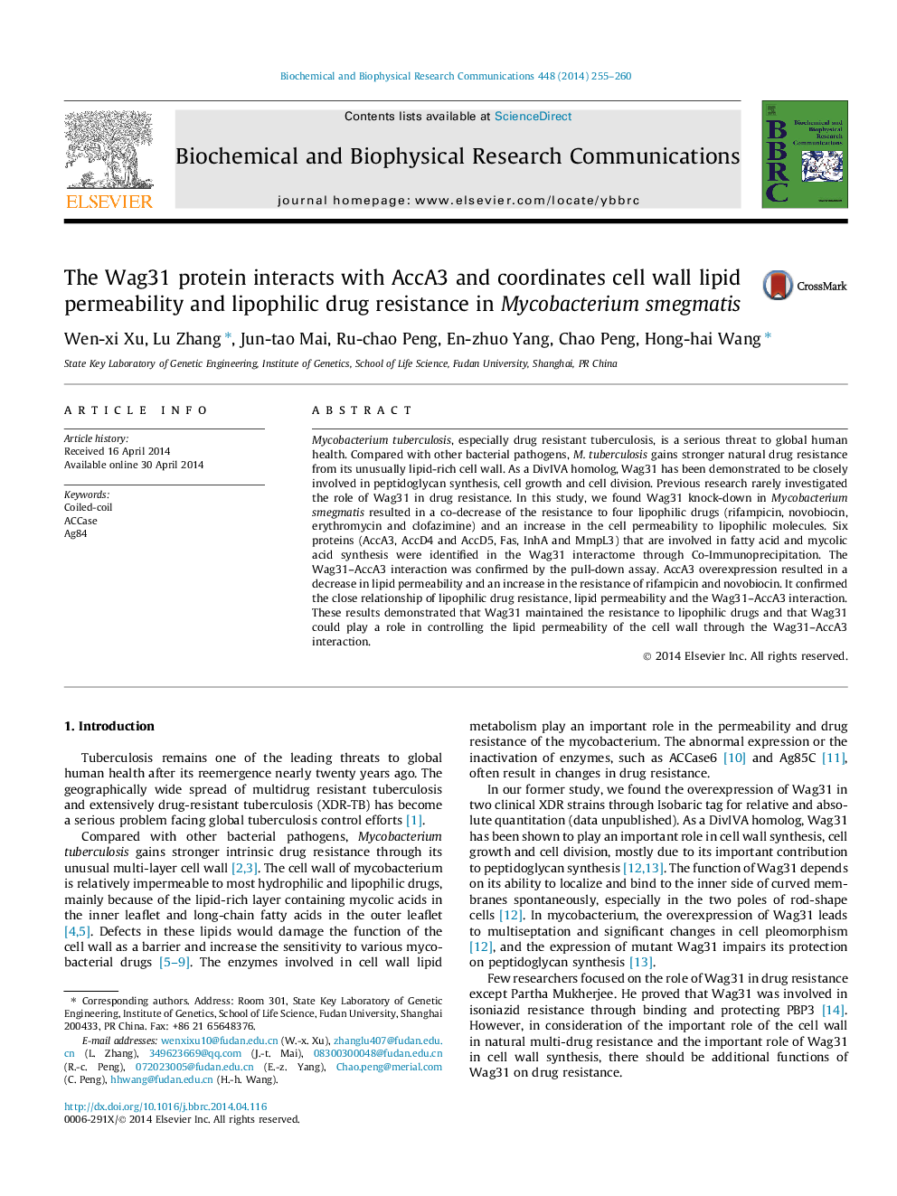 The Wag31 protein interacts with AccA3 and coordinates cell wall lipid permeability and lipophilic drug resistance in Mycobacterium smegmatis