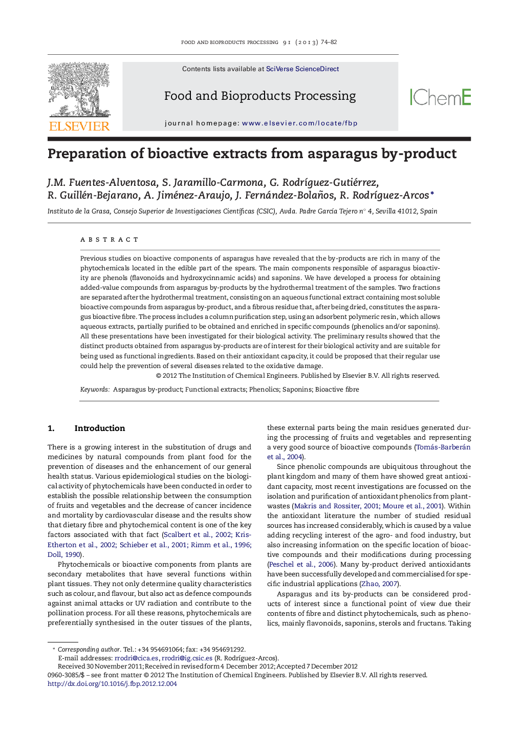 Preparation of bioactive extracts from asparagus by-product