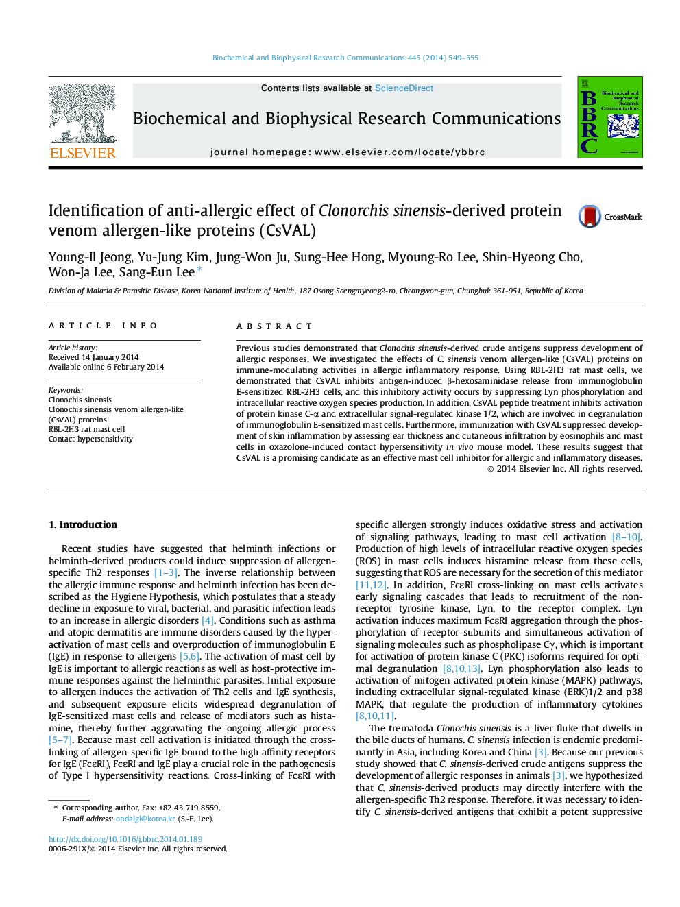 Identification of anti-allergic effect of Clonorchis sinensis-derived protein venom allergen-like proteins (CsVAL)