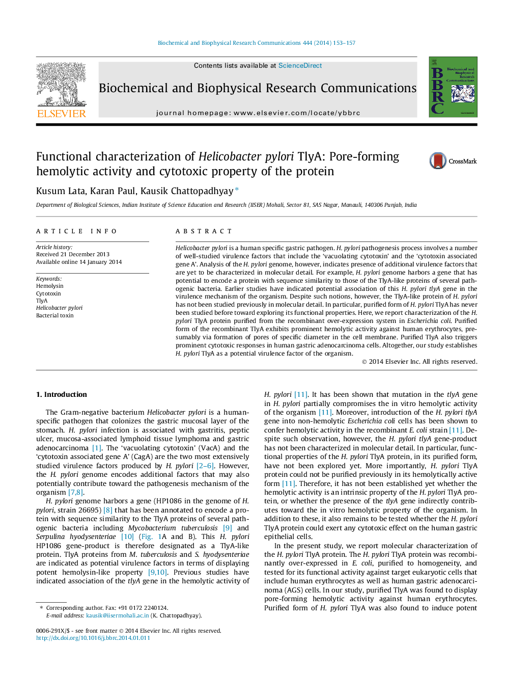 Functional characterization of Helicobacter pylori TlyA: Pore-forming hemolytic activity and cytotoxic property of the protein