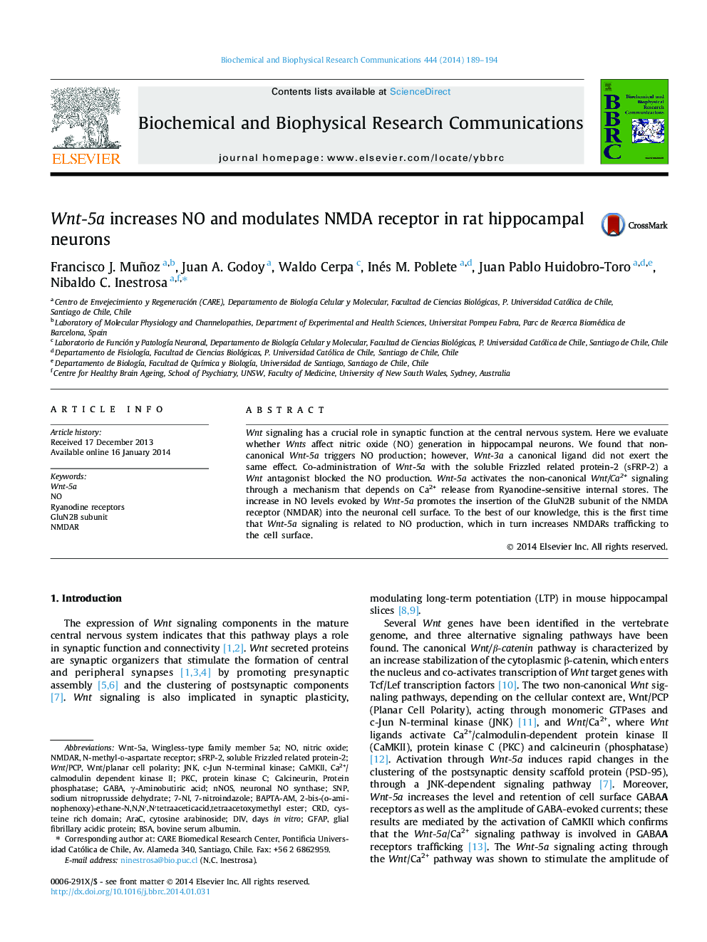 عکس صفحه اول مقاله: Wnt-5a increases NO and modulates NMDA receptor in rat hippocampal neurons Wnt-5a increases NO and modulates NMDA receptor in rat hippocampal neurons