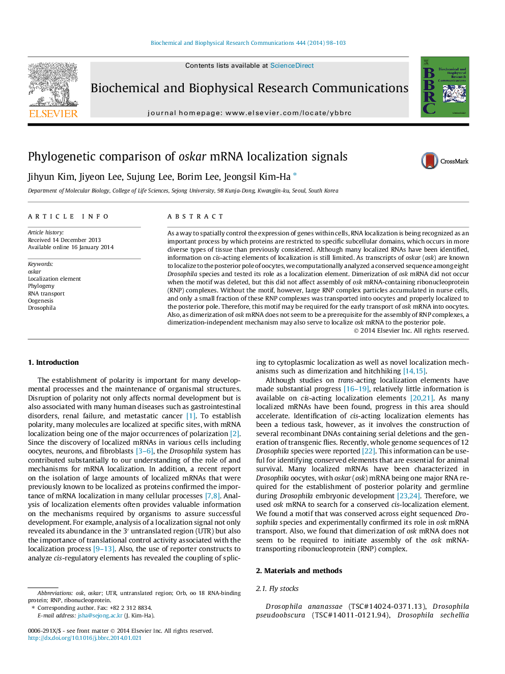 Phylogenetic comparison of oskar mRNA localization signals