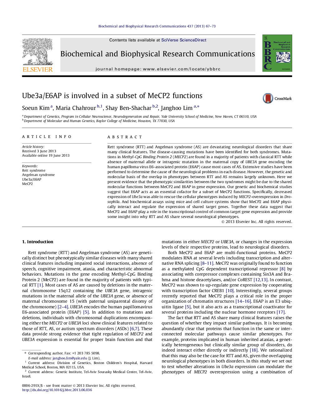 Ube3a/E6AP is involved in a subset of MeCP2 functions