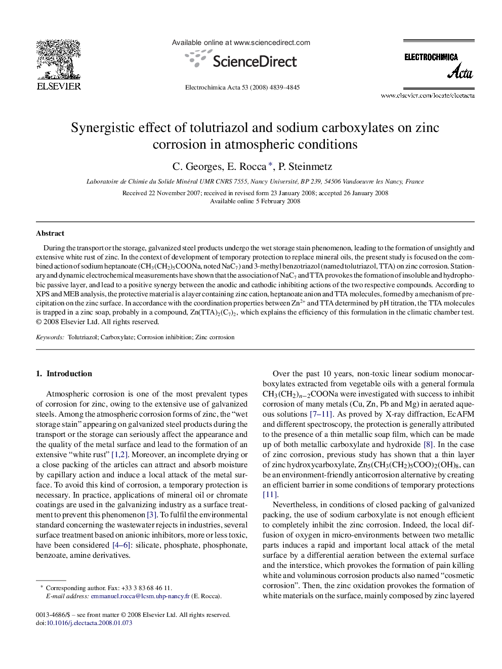 Synergistic effect of tolutriazol and sodium carboxylates on zinc corrosion in atmospheric conditions