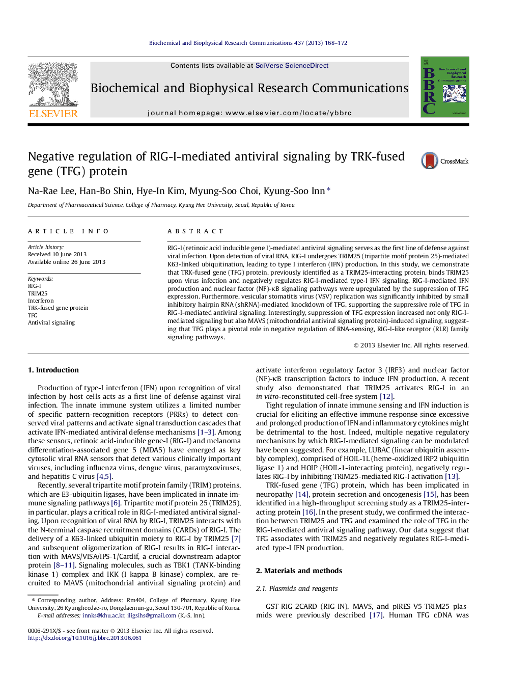 Negative regulation of RIG-I-mediated antiviral signaling by TRK-fused gene (TFG) protein