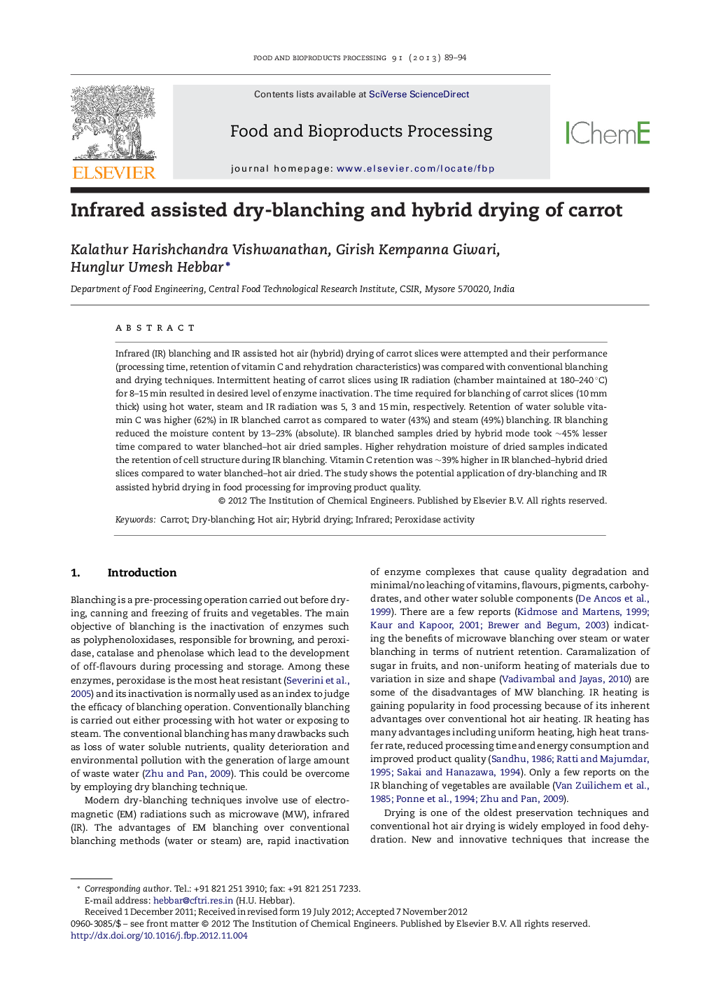 Infrared assisted dry-blanching and hybrid drying of carrot