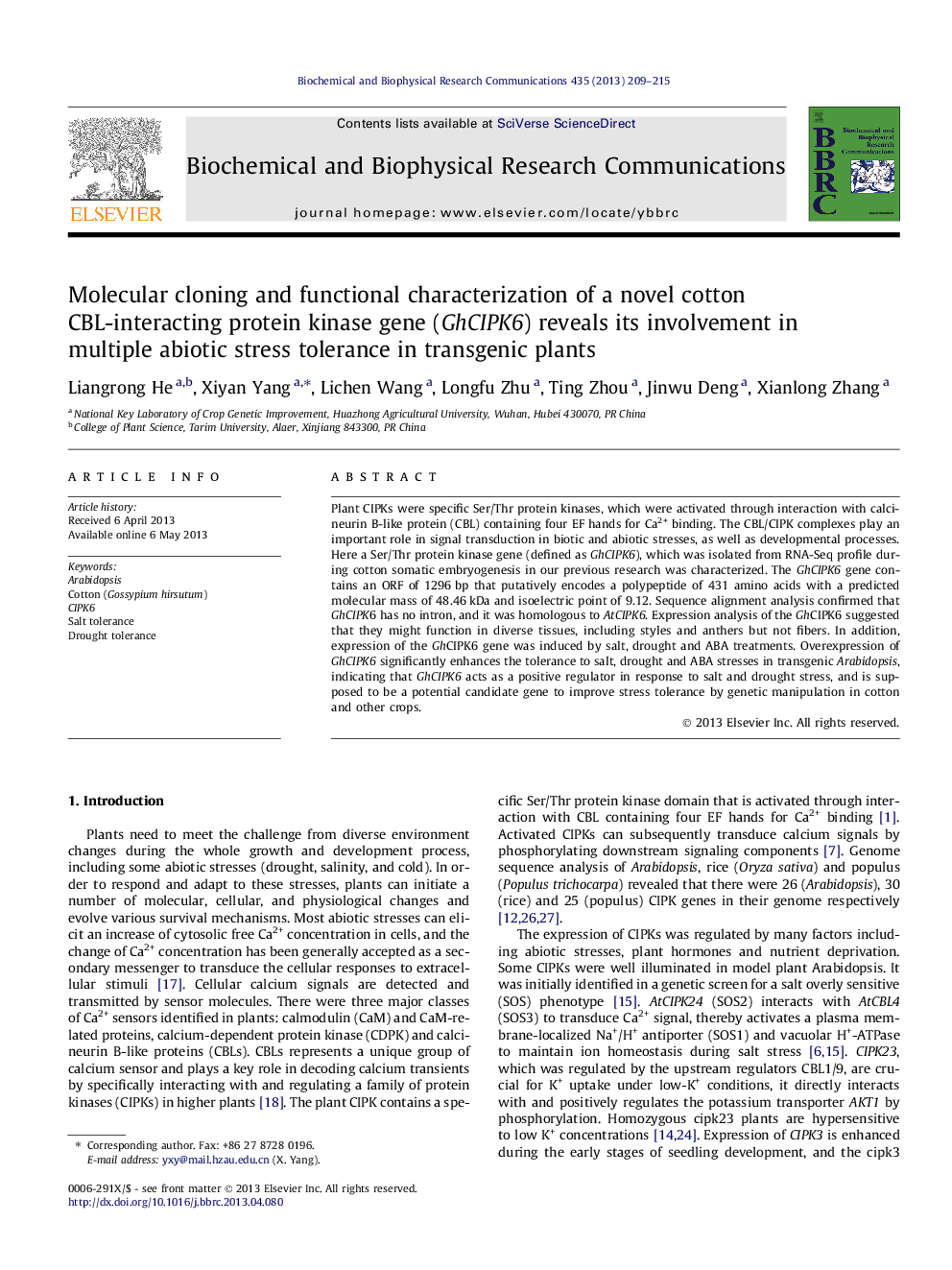 Molecular cloning and functional characterization of a novel cotton CBL-interacting protein kinase gene (GhCIPK6) reveals its involvement in multiple abiotic stress tolerance in transgenic plants