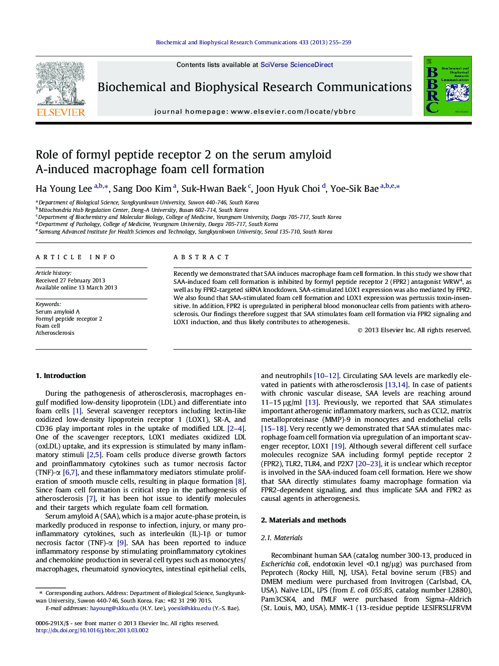 Role of formyl peptide receptor 2 on the serum amyloid A-induced macrophage foam cell formation