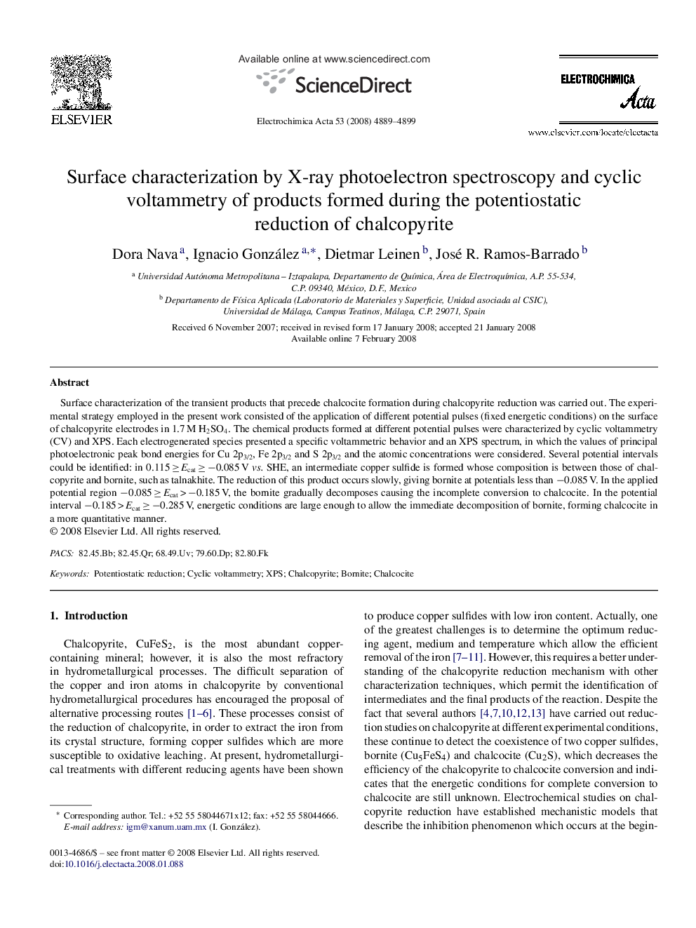 Surface characterization by X-ray photoelectron spectroscopy and cyclic voltammetry of products formed during the potentiostatic reduction of chalcopyrite