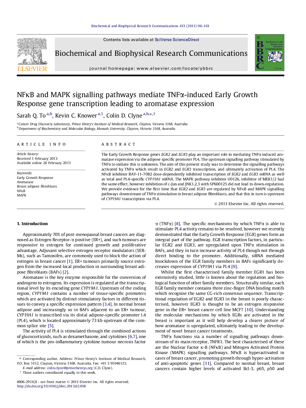 NFκB and MAPK signalling pathways mediate TNFα-induced Early Growth Response gene transcription leading to aromatase expression