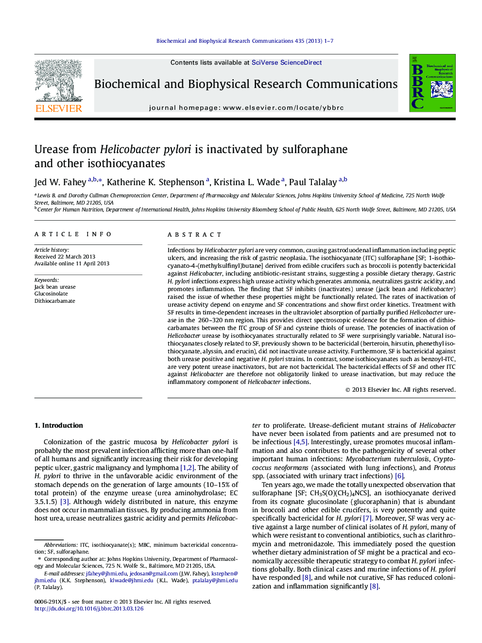 Urease from Helicobacter pylori is inactivated by sulforaphane and other isothiocyanates