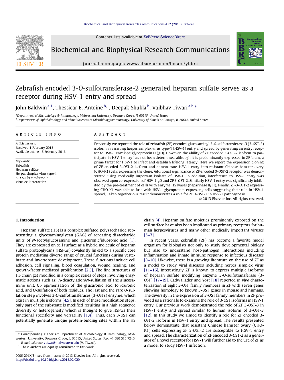 Zebrafish encoded 3-O-sulfotransferase-2 generated heparan sulfate serves as a receptor during HSV-1 entry and spread