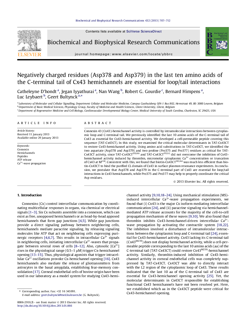 Negatively charged residues (Asp378 and Asp379) in the last ten amino acids of the C-terminal tail of Cx43 hemichannels are essential for loop/tail interactions