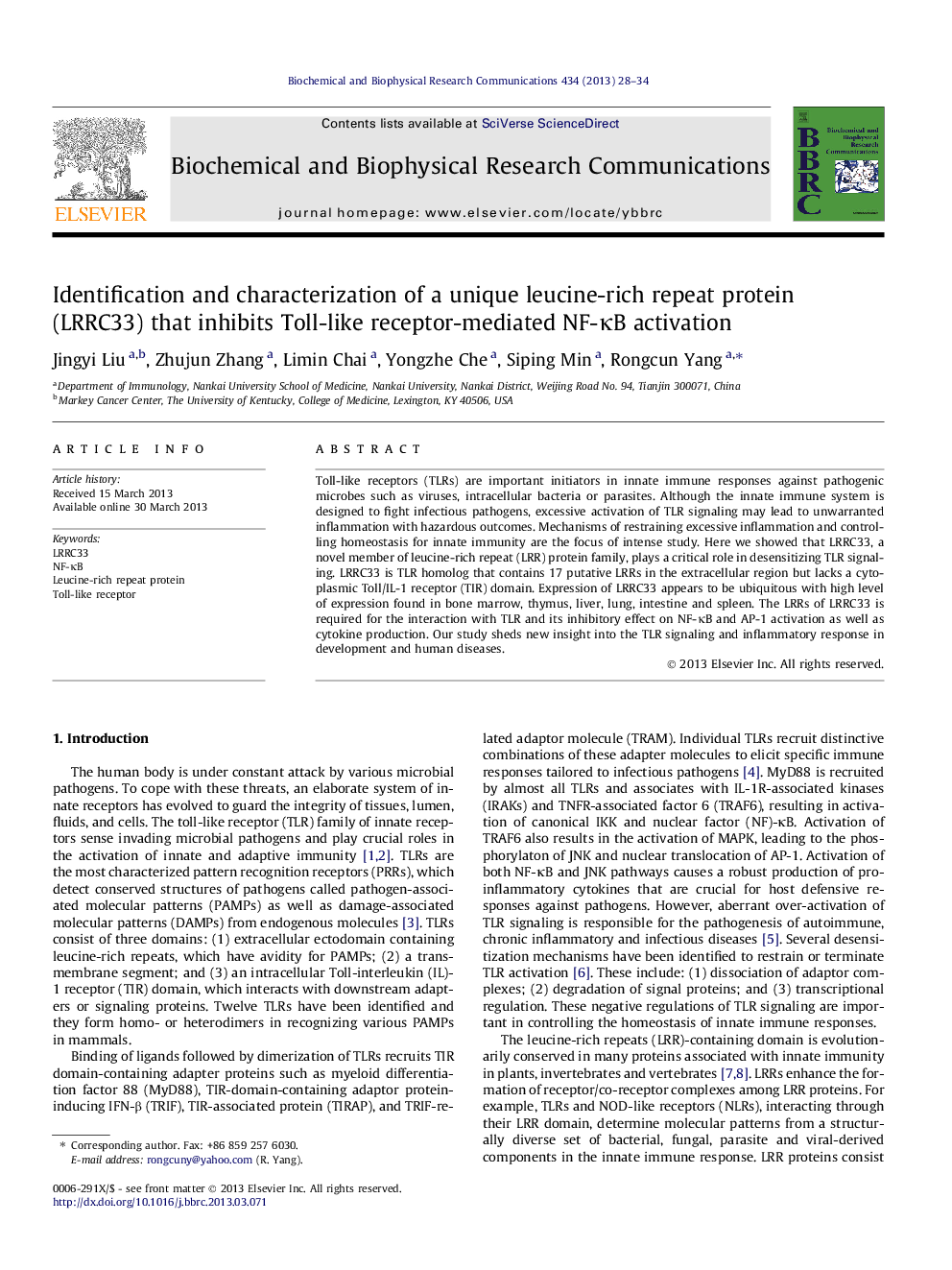 Identification and characterization of a unique leucine-rich repeat protein (LRRC33) that inhibits Toll-like receptor-mediated NF-κB activation