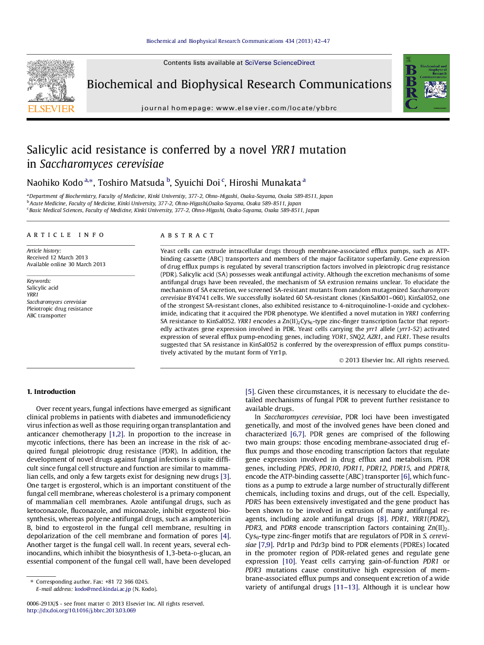 Salicylic acid resistance is conferred by a novel YRR1 mutation in Saccharomyces cerevisiae