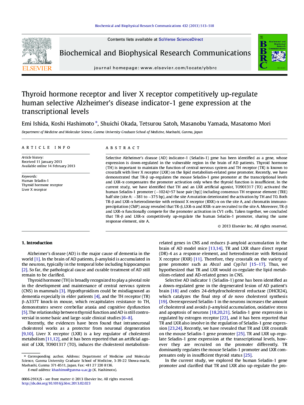 Thyroid hormone receptor and liver X receptor competitively up-regulate human selective Alzheimer’s disease indicator-1 gene expression at the transcriptional levels