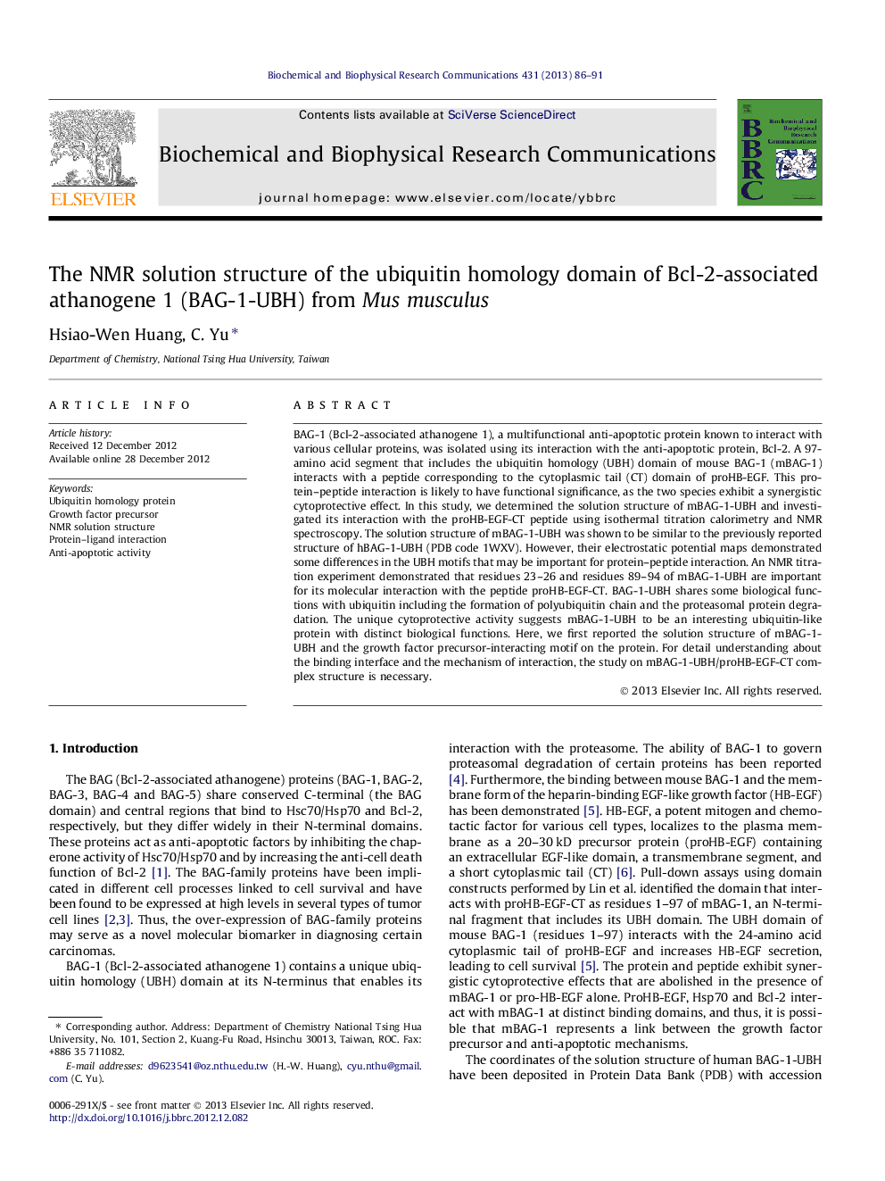 The NMR solution structure of the ubiquitin homology domain of Bcl-2-associated athanogene 1 (BAG-1-UBH) from Mus musculus