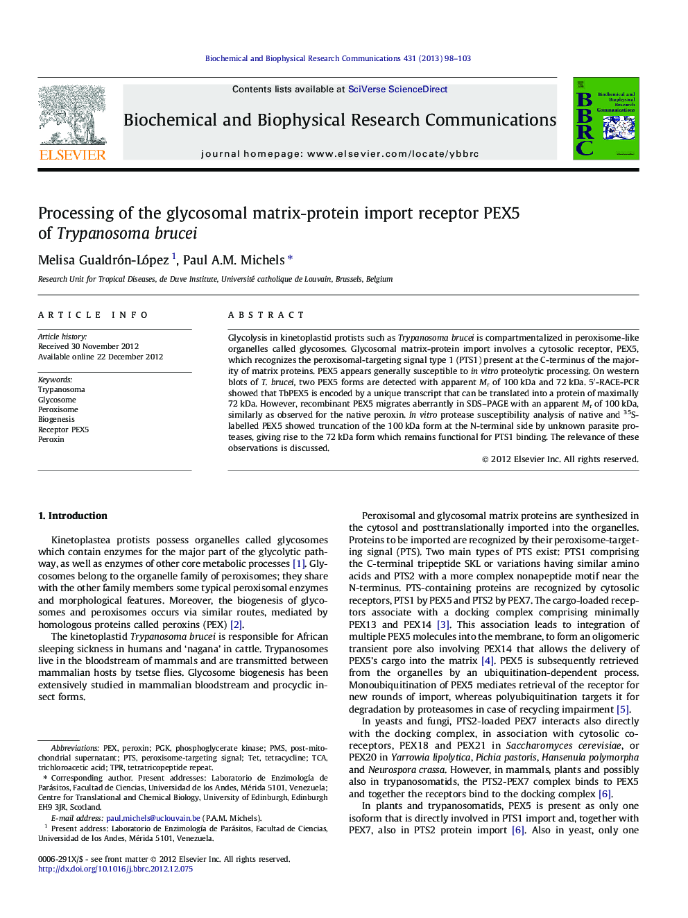 Processing of the glycosomal matrix-protein import receptor PEX5 of Trypanosoma brucei